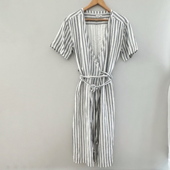 Tularosa Maddy Wrap Dress Cotton Stripe Navy Blue White Short Sleeve Size Medium - Picture 2 of 13